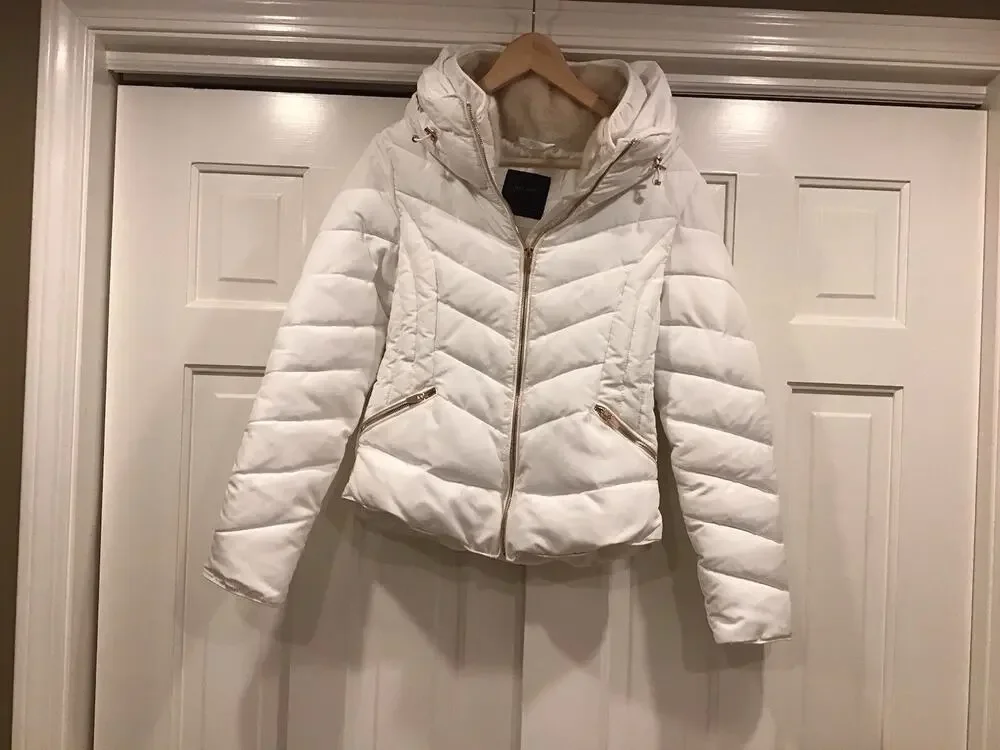 Zara Basic White Winter Coat Full Zip Women Sz M Rose Gold Tone W/Hide Away Hood